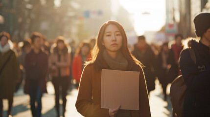 Korean woman at a 4B movement rally against the backdrop of the crowd with a poster (copy space for your text)