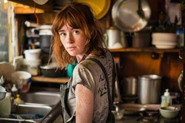 Portrait of a red-haired waitress in apron at restaurant
 - obrazy, fototapety, plakaty