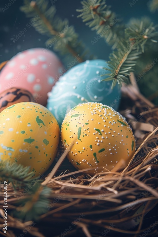 Poster Close-up of three eggs in a nest. Suitable for various nature and wildlife concepts