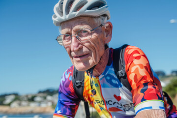 Portrait of happy senior man riding bicycle on seaside in sunny day
