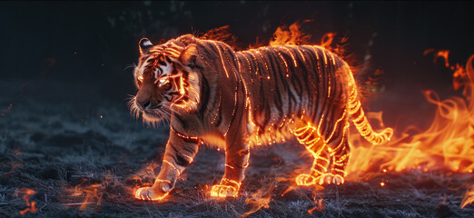 Fototapeta premium an orange tiger made out light and glowing fire, neon lights, cinematic lighting