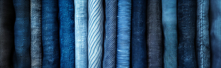  set of denim fabric in different colors. jeans fabric samples. the range of fabrics