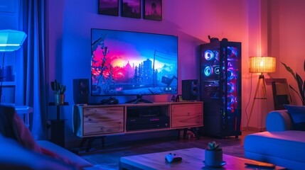 Modern living room with vibrant LED lights and gaming setup.