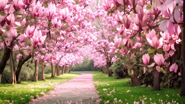 A path in a park is adorned with pink flowers, creating a beautiful and colorful scene, An enchanted alley of fully bloomed magnolia trees in a park, AI Generated