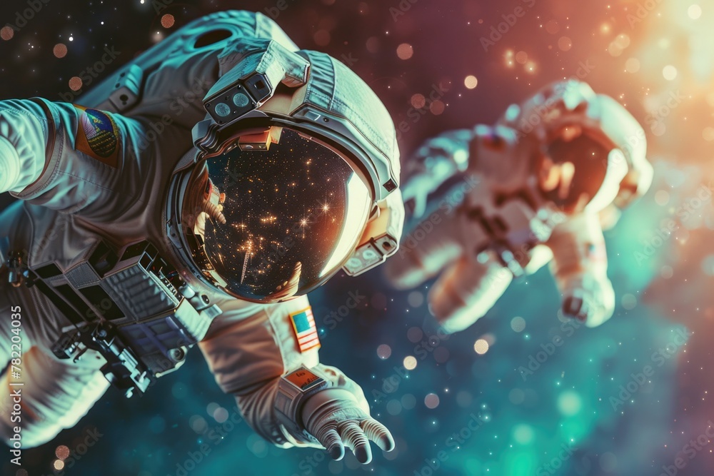 Poster An astronaut in a space suit floating in the air. Suitable for science fiction and space exploration concepts