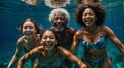 A multicultural family of grandparents enjoying a swim in the deep sea.