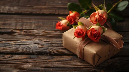 A gift wrapped in brown paper with beautiful red roses. Perfect for Valentine's Day or special occasions