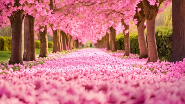 A scenic road surrounded by a row of trees adorned with pink flowers creating a vibrant and colorful landscape, An enchanting blossom-filled tree passage in a manicured park, AI Generated