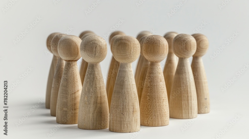 Poster a group of wooden people figures standing side by side. suitable for teamwork and unity concepts