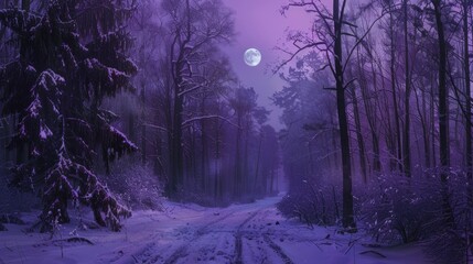 A serene snowy road in the woods under the light of a full moon. Perfect for winter landscapes