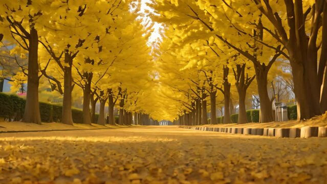 A street lined with trees displaying yellow leaves covering the ground, An enchanting venue with a pathway lined with ginkgo trees in a park, AI Generated