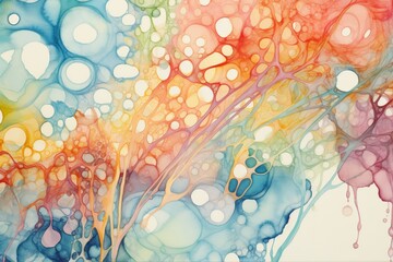 Abstract interpretation of biofilm formation on culture media, rendered in watercolor, highlighting the fluid dynamics and organic patterns in a spectrum of colors