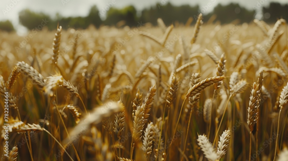 Poster A scenic view of a field of ripe wheat with trees in the background. Ideal for agricultural and nature concepts
