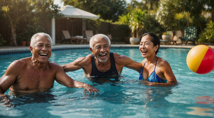 Grandparents from diverse backgrounds share the joy of swimming with their family.