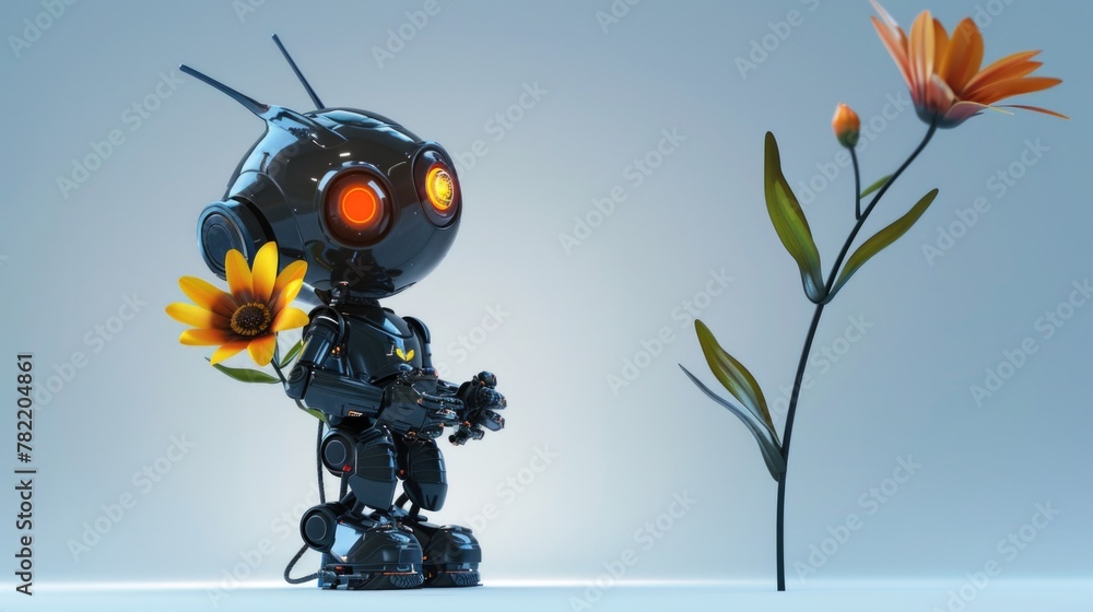 Poster A robot with a flower in front of it. Suitable for technology and nature concepts