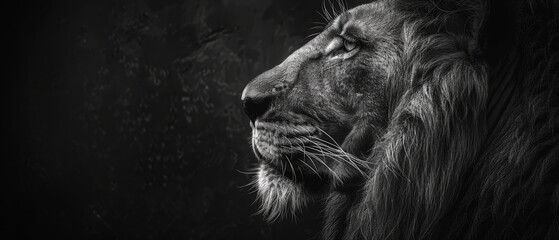Profile portrait of an African lion on black background, showcasing the majestic king of the jungle, a proud, dreaming Panthera leo looking forward to the future. A simple black and white photo with - obrazy, fototapety, plakaty