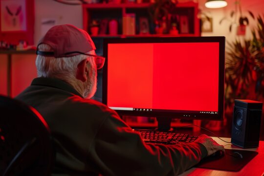 Digital Mockup Over A Shoulder Of A Senior Citizen Man In Front Of A Computer With An Entirely Red Screen