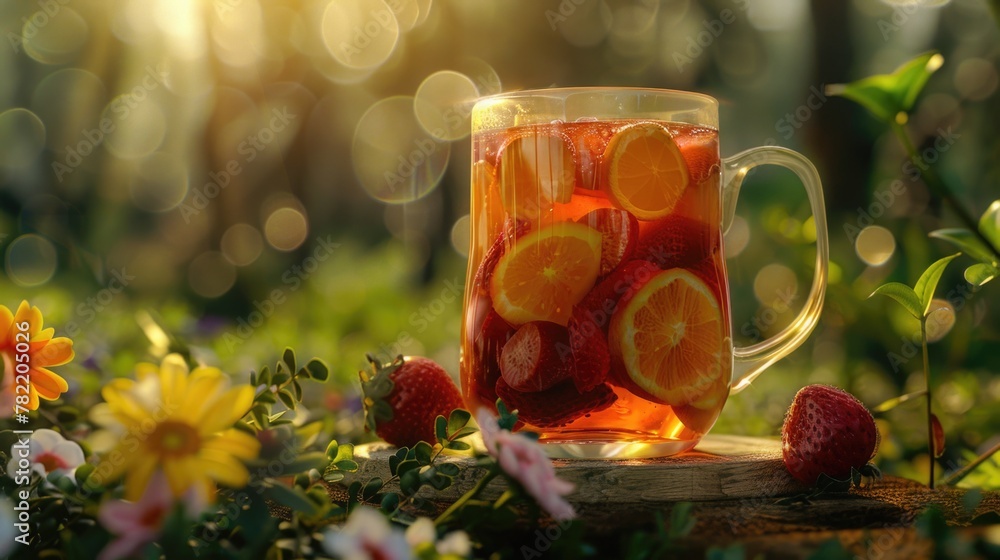 Poster refreshing pitcher filled with orange slices and strawberries. perfect for healthy lifestyle concept