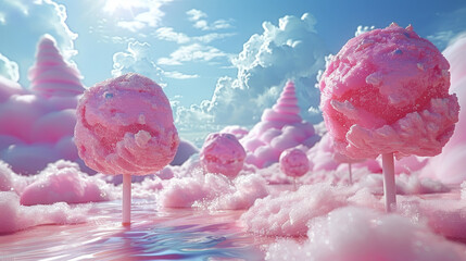Pink lollipops whimsically float amidst a fluffy pink cloud, creating a dreamy candy sky vista.