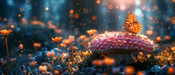 Fantasy Magical Mushrooms and Butterfly in Enchanted Fairytale Dreamy Elf Forest with splendid pink blooming Rose Flower on mysterious nature background and shiny glowing moon rays at night. - obrazy, fototapety, plakaty