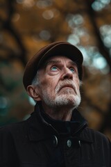 Elderly man wearing a brown hat looking up. Suitable for various concepts and designs
