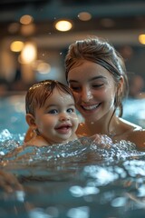Woman swimming coach with happy little child in the pool