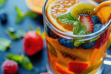 Refreshing fruit tea with a slice of fruit, perfect for beverage or health concept