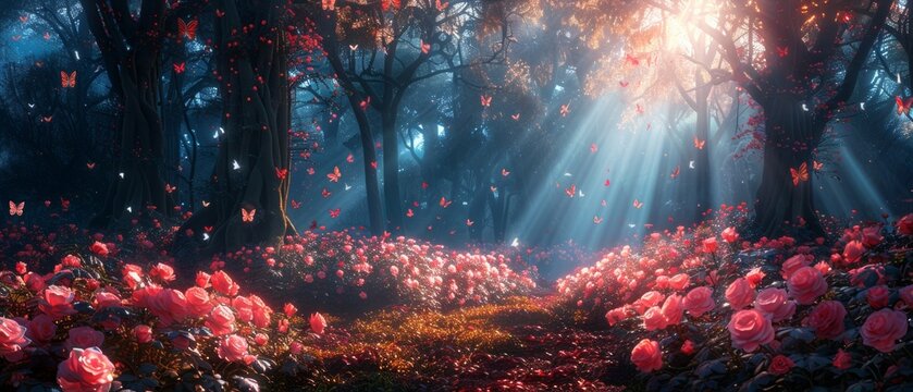 Dreamy Enchanted Fairy Tale Forest with Pink Roses and Butterflies on Mysterious Background, Shiny Glowing Stars and Moon Rays in Night Vision
