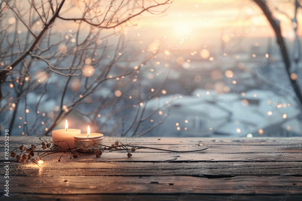 Aufkleber A single candle burning on a rustic wooden table. Ideal for adding warmth and ambiance to any design project