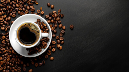 Naklejka premium Сup of black strong rich espresso coffee on a dark table, coffee beans scattered around, ideal for background 