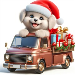 cute puppy wearing Christmas Santa Claus hat driving van, gifts, funny, happy