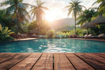 A wooden deck next to a swimming pool. Perfect for summer vibes