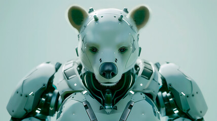 futuristic AI robot with the head of a bear, symbolizing strength and intelligence, blending the power of technology with the majesty of the animal kingdom, perfect for innovative concepts