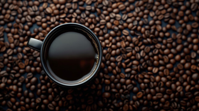 Coffee beans background with cup of black strong coffee  for coffee recipes