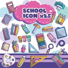 SET 25 ICONS BACK TO SCHOOL.Set of bright colorful backgrounds, Backpack, books, globe, pencil box, paints, ruler, pen, pen, pencil. Suitable for prints, cards, paper crafts, scrapbooking.