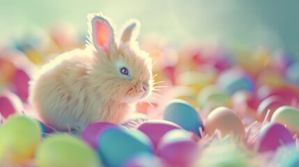 Fototapeta na wymiar Cute bunny surrounded by colorful eggs, perfect for Easter designs