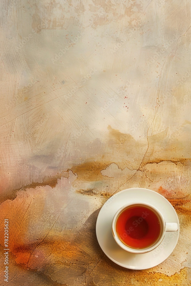 Poster a simple image of a tea cup on a saucer on a table. suitable for various lifestyle and home decor co