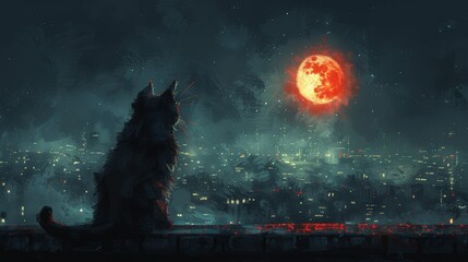Moon Night. Cat and Moon. City Scene. Fantasy Backdrop. Realistic Illustration. Video Game Background. Digital Painting. CG Artwork. Nature Scenery. Serious Painting. Bound Book Art.
