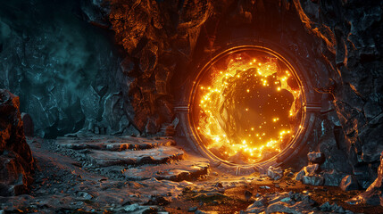 Dragon's Lair with a Majestic Glowing Portal. - obrazy, fototapety, plakaty