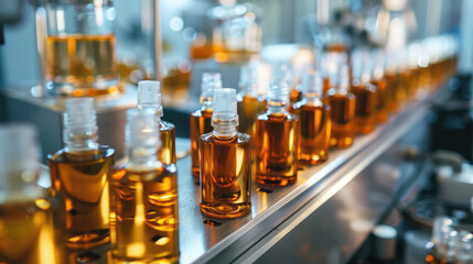 Conveyor belt filled with amber glass bottles of yellow liquid or oil