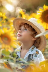 A little boy wearing a hat in a vibrant sunflower field. Perfect for summer-themed designs