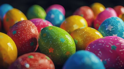 Brightly colored Easter eggs in a pile, perfect for Easter holiday designs