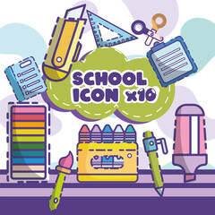 SET 10 ICONS BACK TO SCHOOL,Beautiful set of office tools and school supplies.Mega set of icons in fashion line style.  Vector illustration
