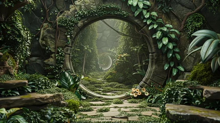 Fotobehang Gateway Opens to a Labyrinth Garden Amidst an Enchanted Forest. © vlntn