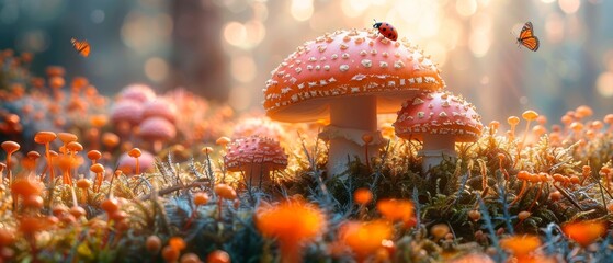 An enchanted elf forest with mushrooms glades and ladybugs, gorgeous pink rose garden in a sunny morning, and butterflies against a mysterious background are the setting for a fantasy fairytale - obrazy, fototapety, plakaty