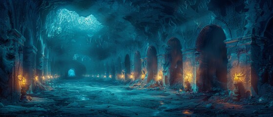 This fantasy scene depicts a stone dungeon cave with glowing lanterns on the walls, a magical trail leading from the cavern to a magical glow, abandoned ruins, and a tunnel with no traffic. - obrazy, fototapety, plakaty