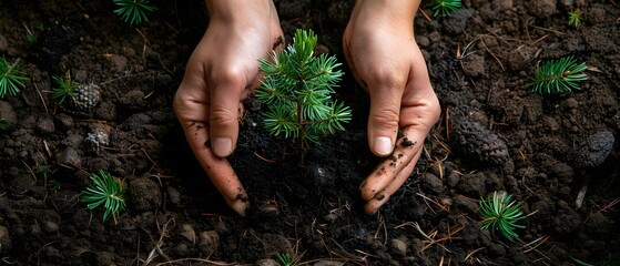 Nurturing the Future: Hands Plant a Sapling. Concept Nature Conservation, Environmental Awareness, Tree Planting Initiative - obrazy, fototapety, plakaty