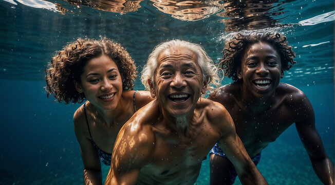 Grandparents of various races and their family taking a dip in the ocean together