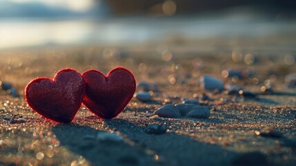 Two red hearts sitting on a sandy beach, perfect for romantic occasions - obrazy, fototapety, plakaty