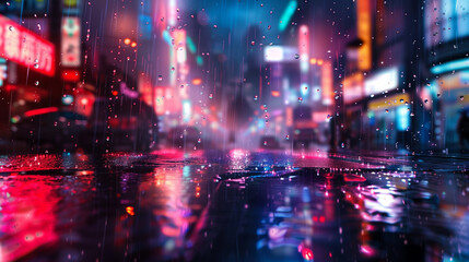 Neon lights reflecting on wet streets at night. Cyberpunk background.